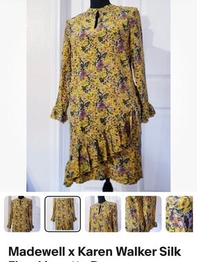Madewell Karen Walker sz 0 Loretta yellow floral silk ruffle trim back zip dress